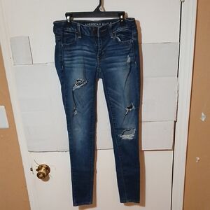 American Eagle Outfitters Women's Dark Blue Ripped Skinny Jeans
